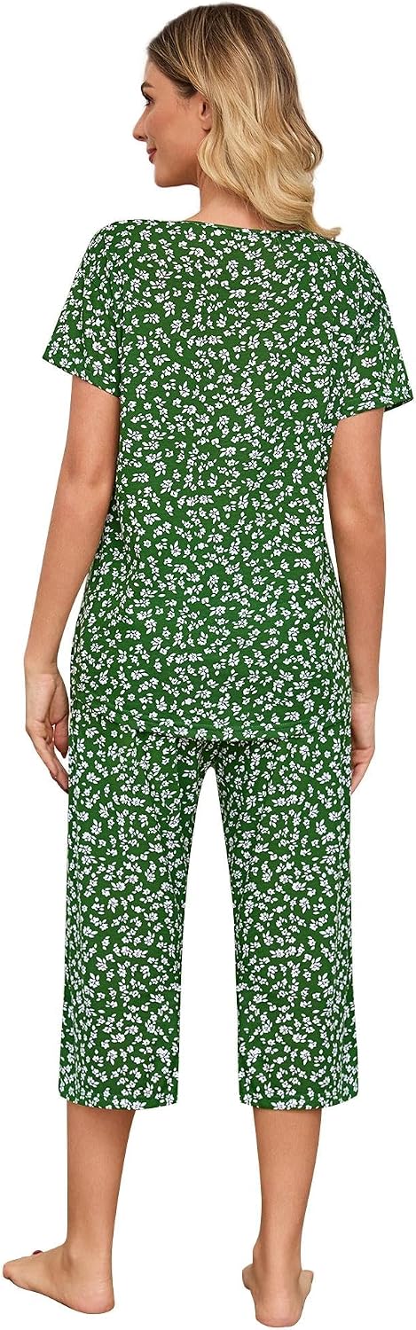 ENJOYNIGHT Womens Pajama Set Cotton Short Sleeve Top With Capri Pants Pj
