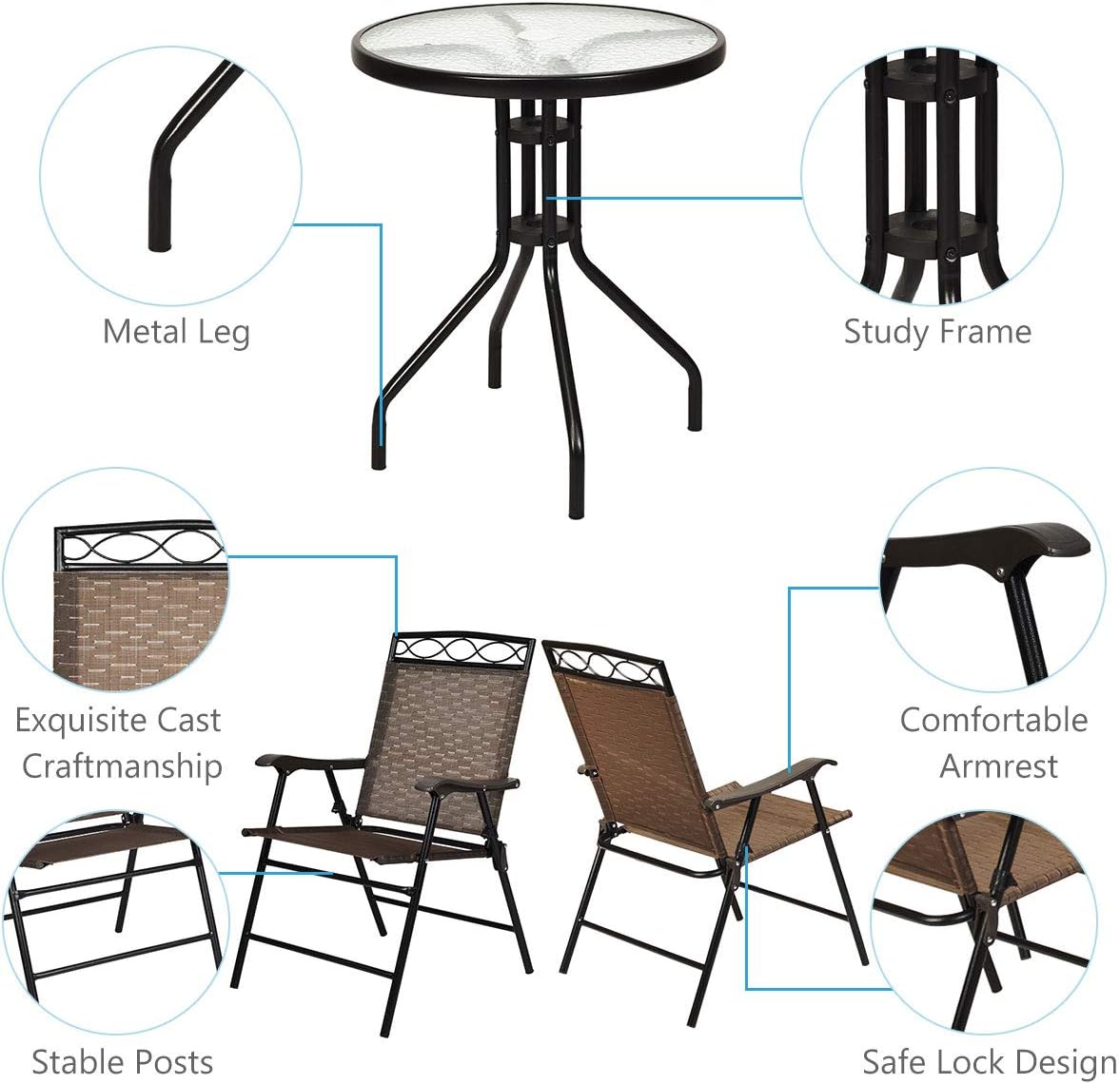 S AFSTAR 3-Piece Bistro Set, Patio Furniture Set for Outdoor Poolside Balcony Garden Yard, 28" H Outdoor Round Table and 2-Pack Folding Chairs
