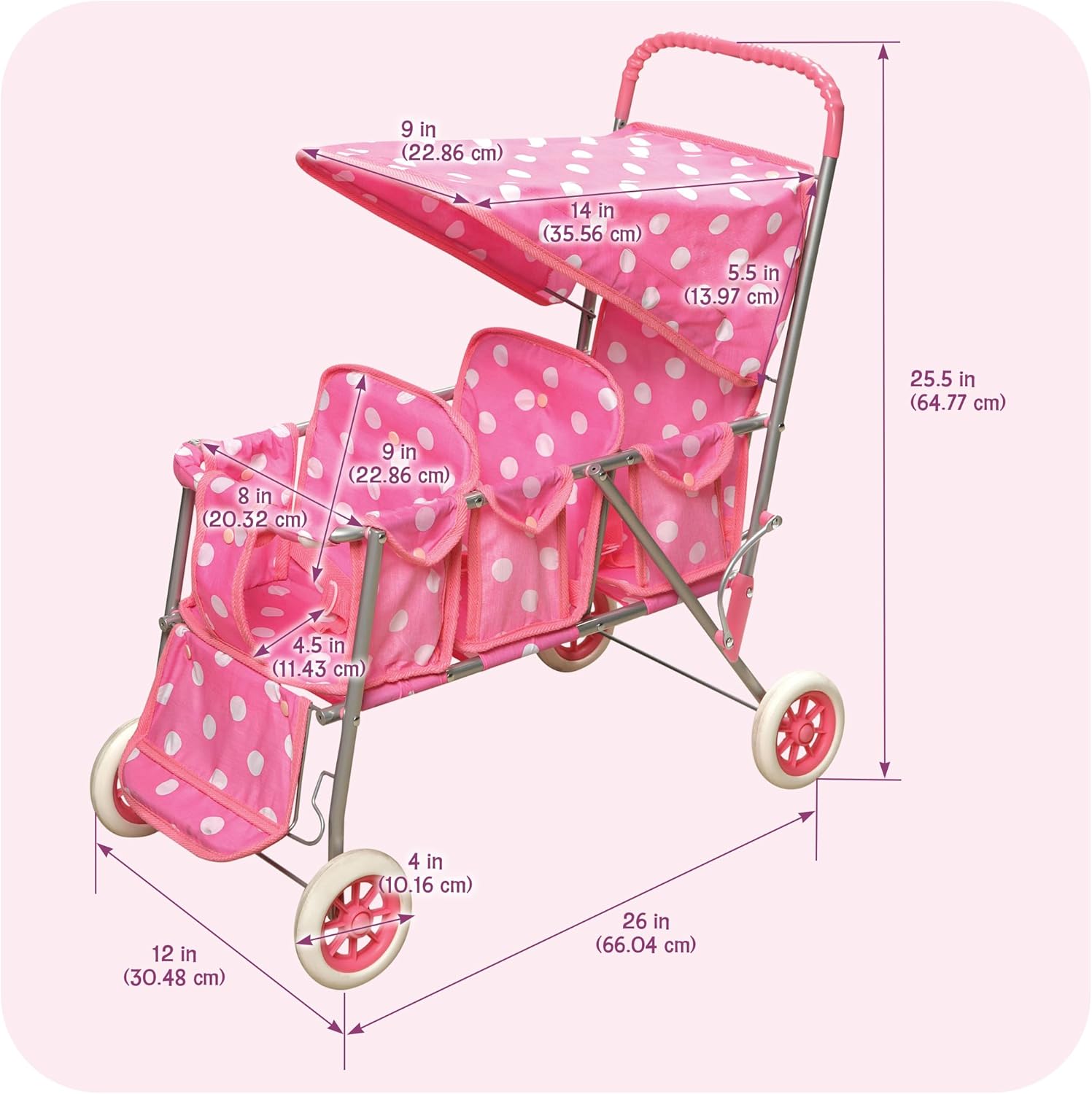 Badger Basket Triple Doll Stroller with Canopy, Foldable Toy Pram - Pink | Triple-seat stroller fits 14.5–18" dolls, foldable, canopy, seat belts