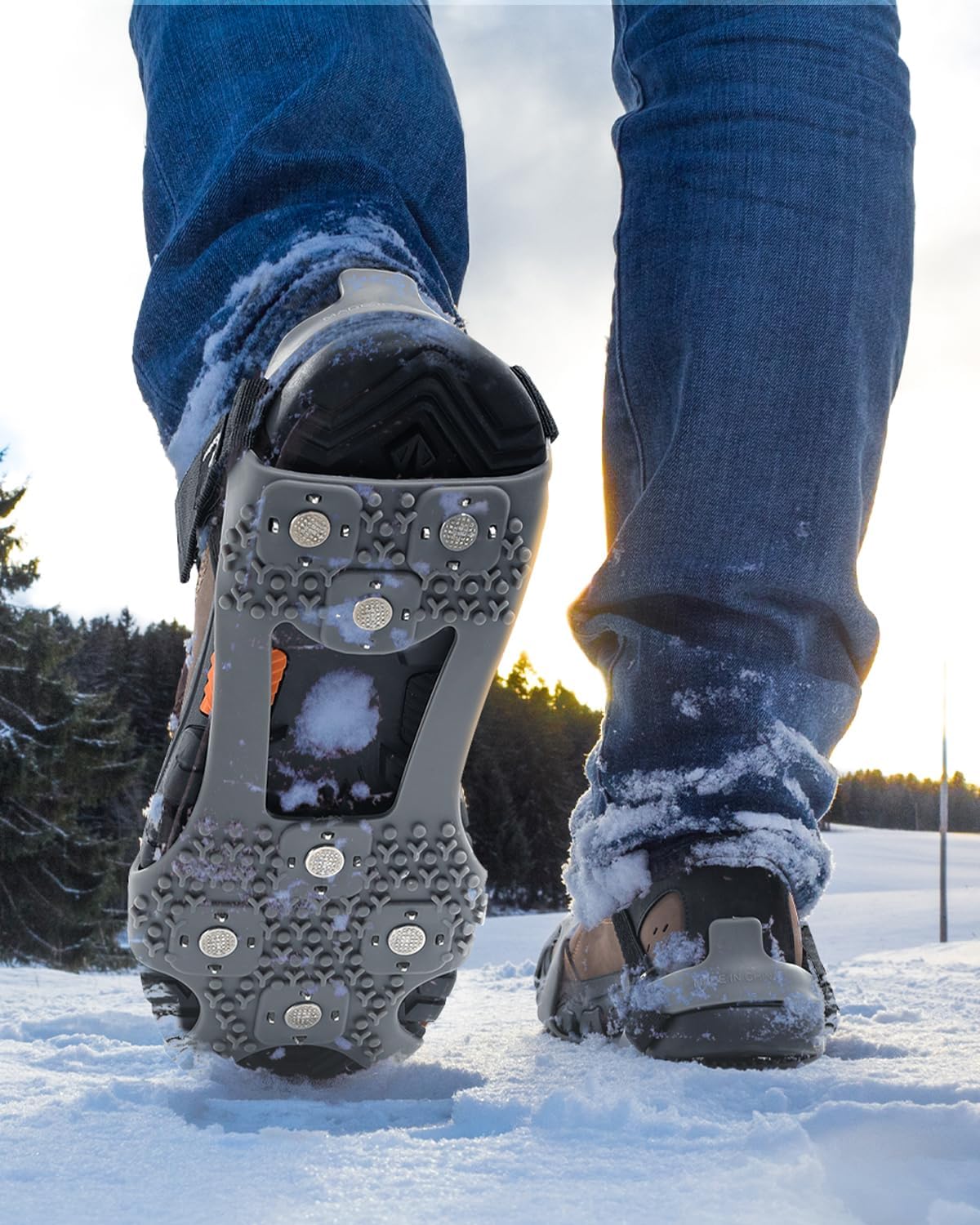 Sportneer Crampons： Ice Cleats for Shoes and Boots with 28 Spikes - Traction Slip-on Stretch Footwear for Walking and Shoveling on Ice and Snow - Lightweight for Women and Men