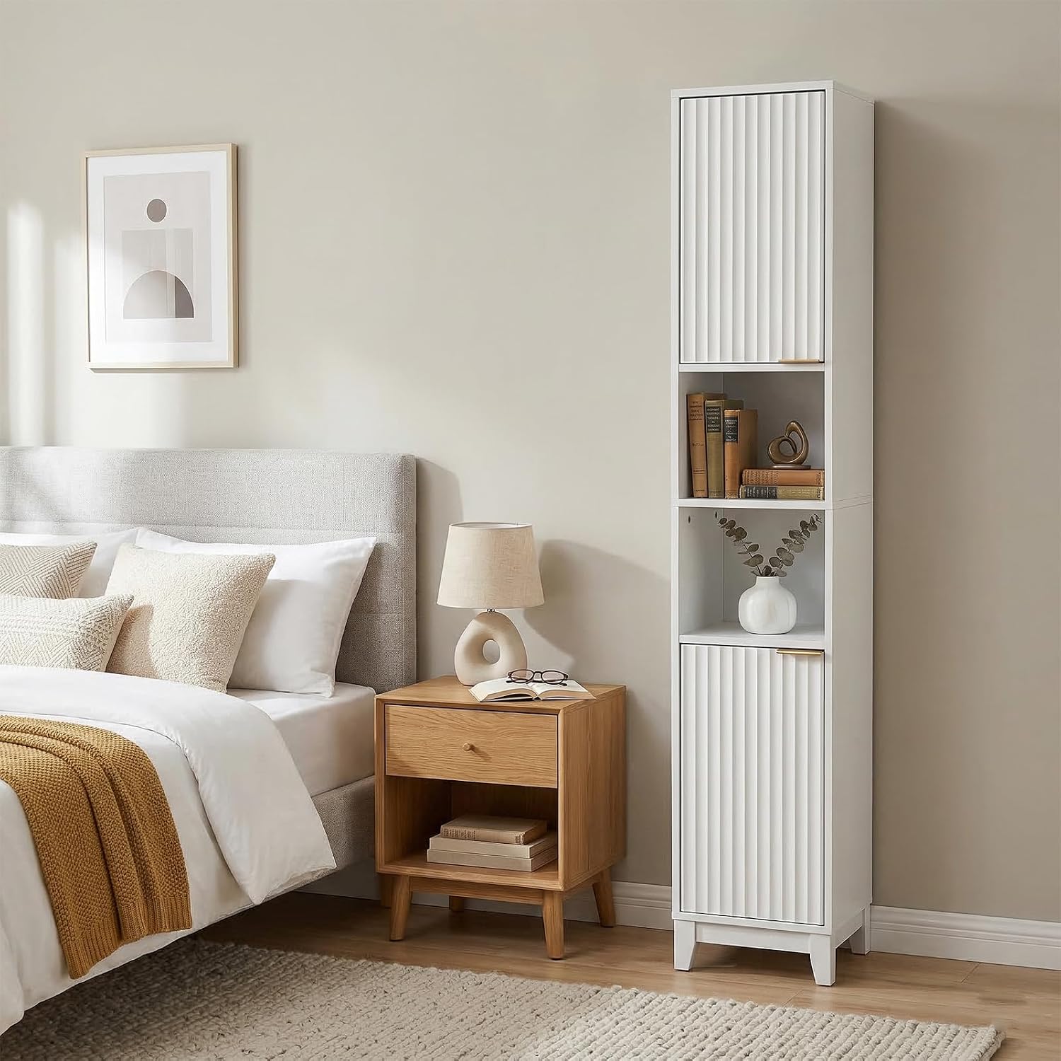 VINGLI White Fluted Tall Narrow Bathroom Cabinet, 67" Slim Freestanding Storage Cabinet for Small Spaces, Wood Linen Tower Floor Cabinet with 2 Doors
