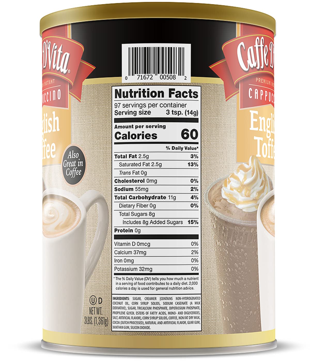 Caffe D'Vita Mocha Cappuccino Mix - 4 lb can (64 oz.) | Instant Cappuccino Mix, Gluten Free, No Cholesterol or Trans Fat, 99% Caffeine Free, Mocha