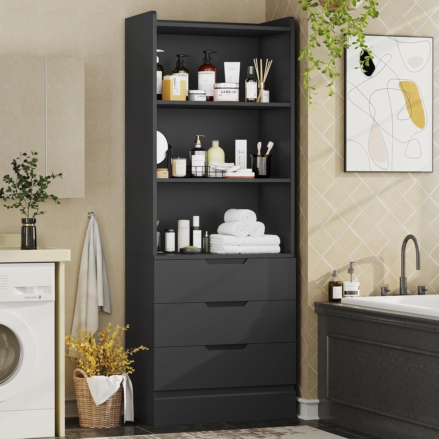 DICTAC 73.23'' Tall Storage Cabinet Bookcase with 3 Drawers and 3-Tier Open Shelves Wooden Bookshelf Kitchen Pantry Storage Organizer Cabinets for Living Room, Study, Kitchen,Bathroom,White