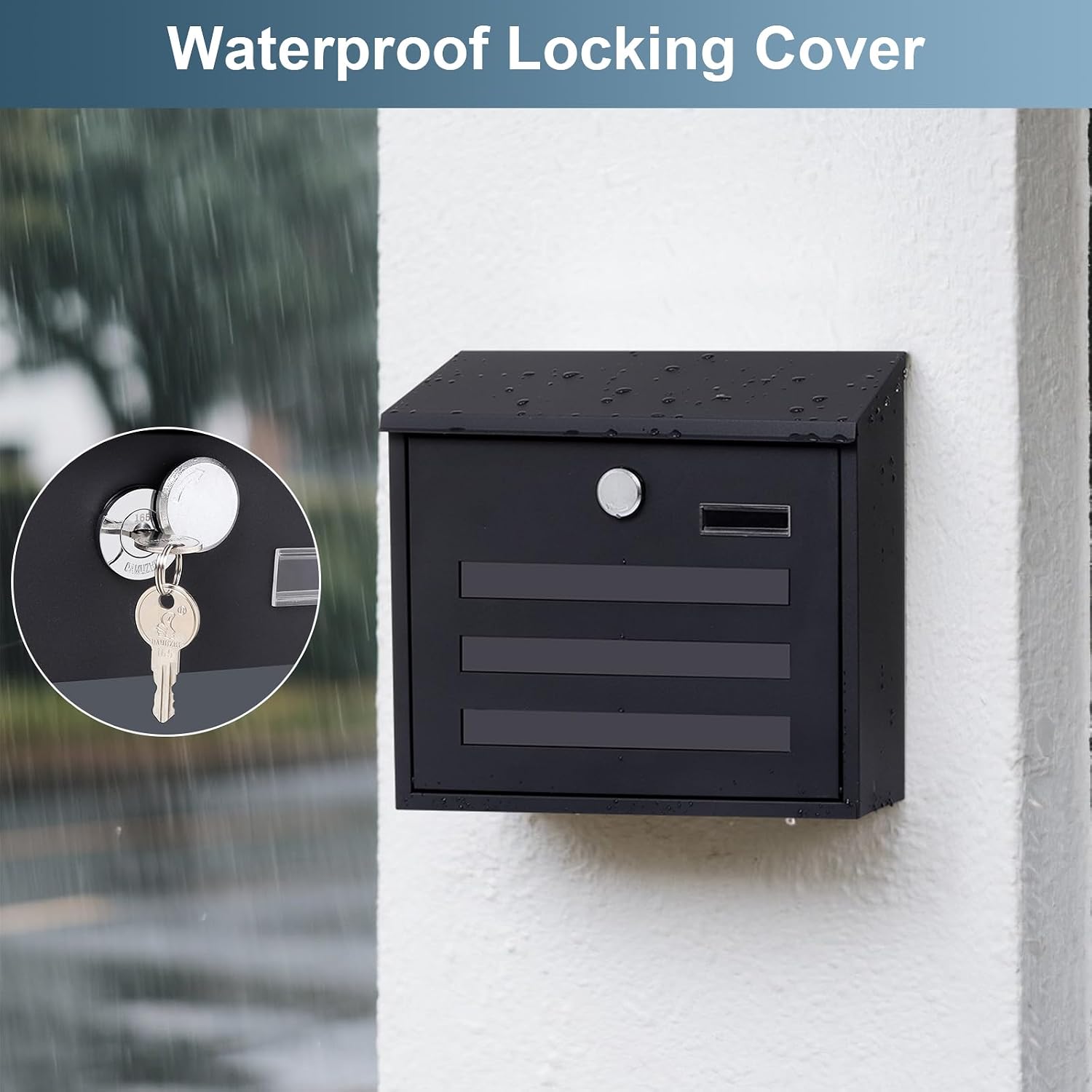 Locking Mailbox Wall Mount for Outside– Jssmst Mailboxes with Key Lock for Front Door Fence, Large Capacity Letter Box, 14.3 x 4.1 x 11.8 Inch, Black, SM-HPB911BN