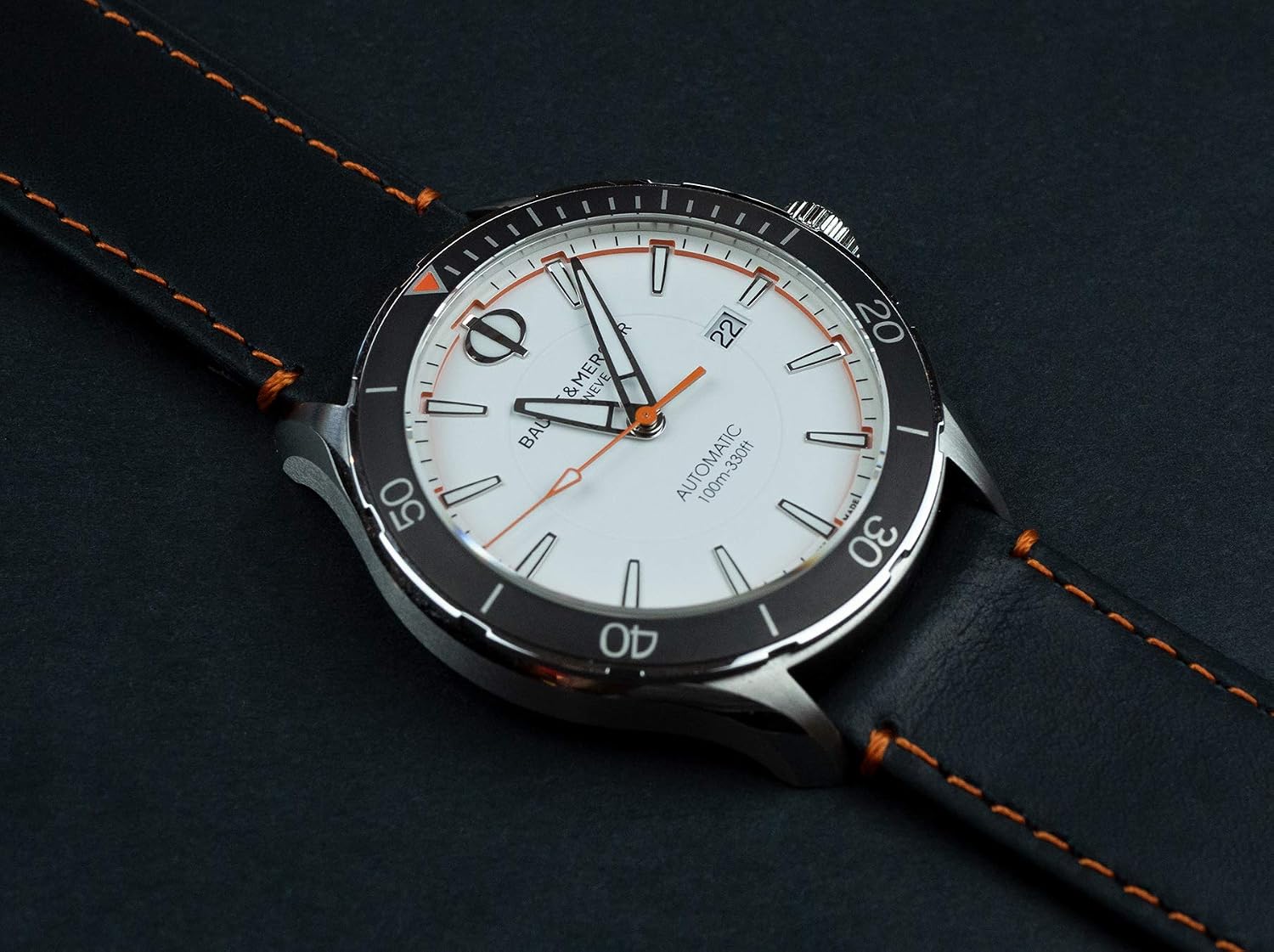 BARTON Quick Release Leather Black Buckle Watch Band Strap - Choose Color - 16mm, 18mm, 20mm, 22mm or 24mm - Black/Orange Stitching 22mm