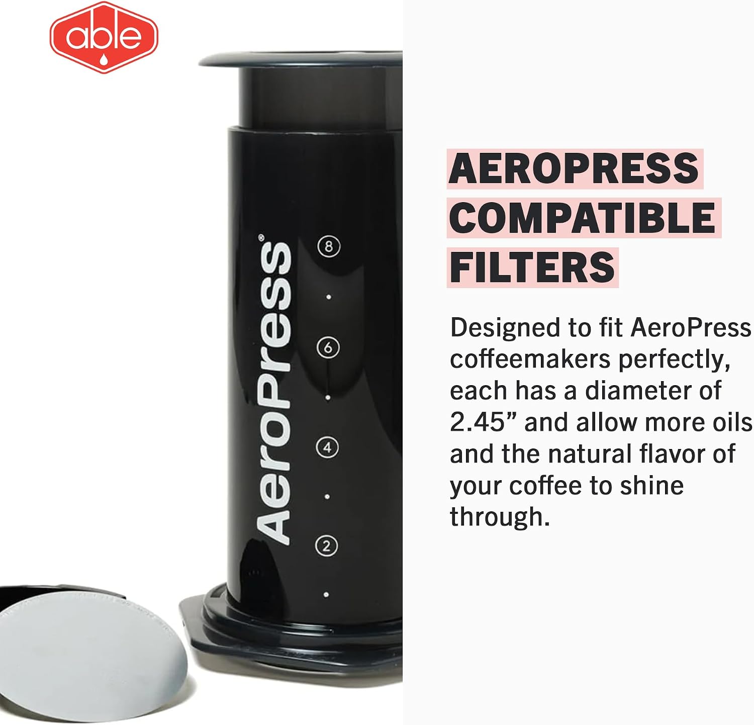 Able - DISK Stainless Steel Coffee Filter, AeroPress Coffee Maker-Compatible, AeroPress Accessories for Home & Cafes, 2.45” Reusable Coffee Filters (254-Micron Standard + 152-Micron Fine), Pack of 2