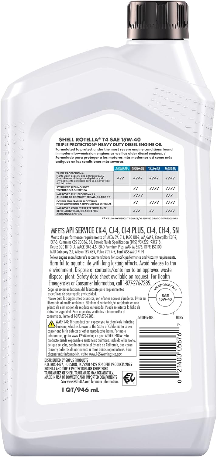Shell Rotella T4 Triple Protection 15W-40 Diesel Engine Oil, 1 Gallon (3 Pack)