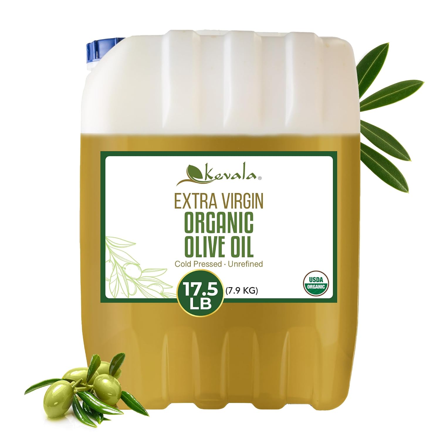 Kevala Extra Virgin Organic Olive Oil - 1/2 gal, Unrefined Cooking Oil | 64 oz, Cold Pressed, No Preservatives, Made with Selected Fresh Olives, Natural Kitchen Pantry Essential, Easy Storage