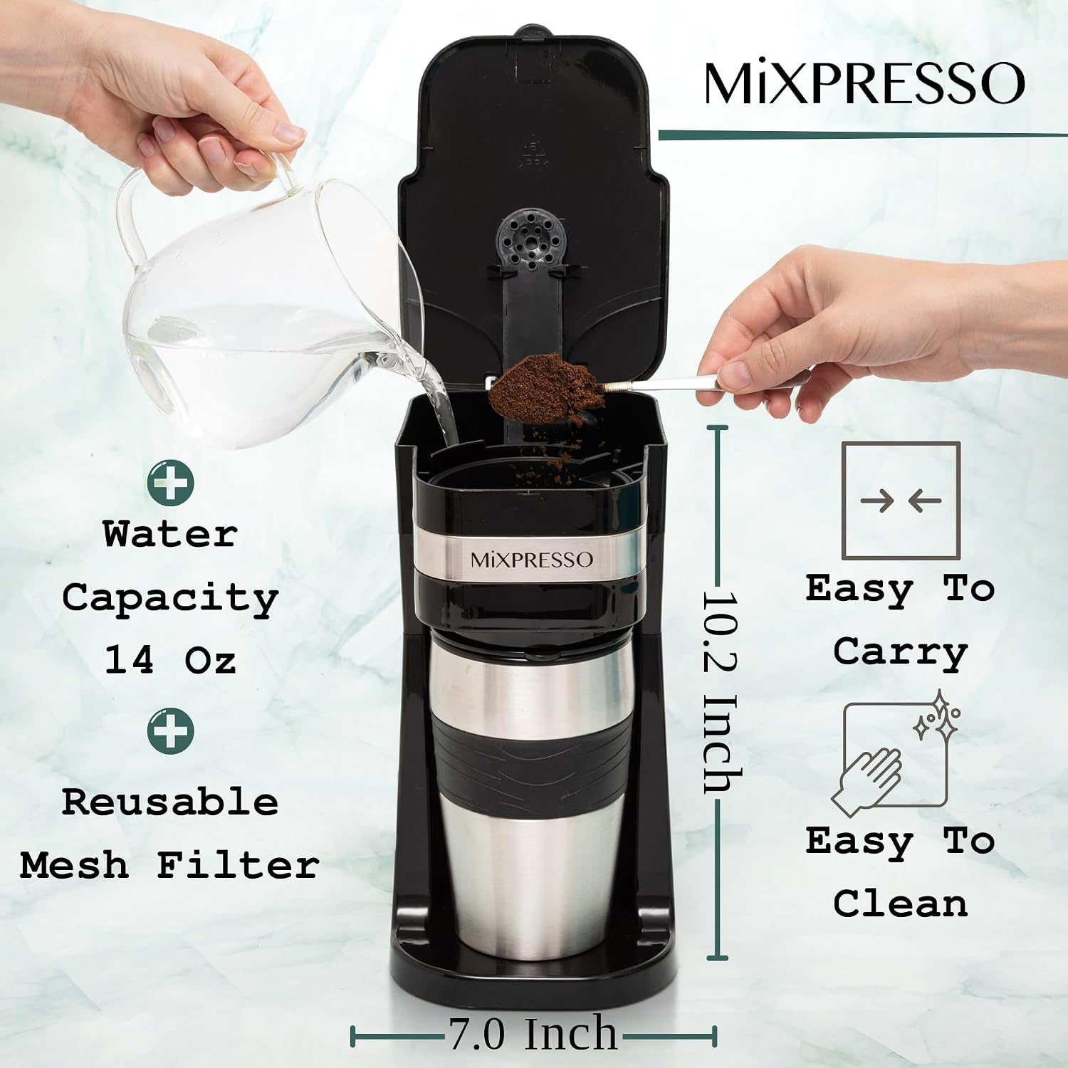 Mixpresso Single Serve & Single Cup Coffee Maker with 14oz Travel Mug Black | For ground coffee only, reusable filter, auto shut off. Compact personal drip coffee maker, not compatible with K-Cup pods.
