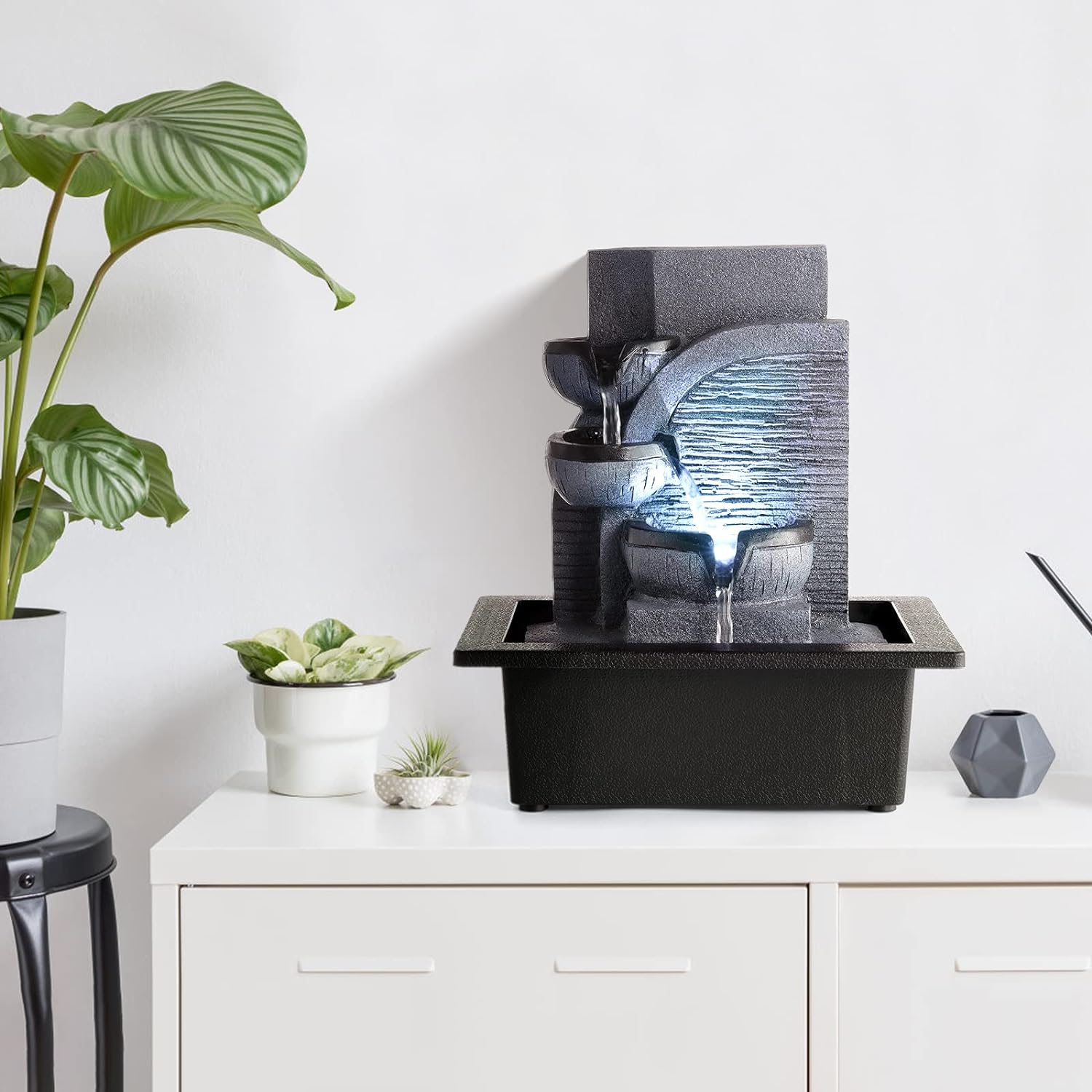 WICHEMI Indoor Water Fountain Tabletop Fountain Stacked Rock with LED Light | Relaxing Water Feature, Meditation Fountain, Soothing Sound, Stress Relief, For Home Office Bedroom Decor, 7.8"x7.8"x7.9"