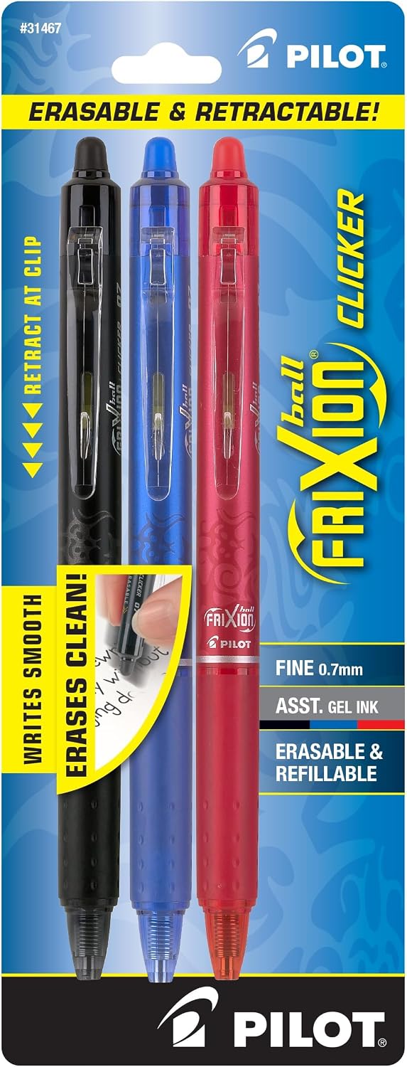 PILOT FriXion Clicker Erasable Pens, Fine Point 0.7 mm, Black Ink, 3-Pack
