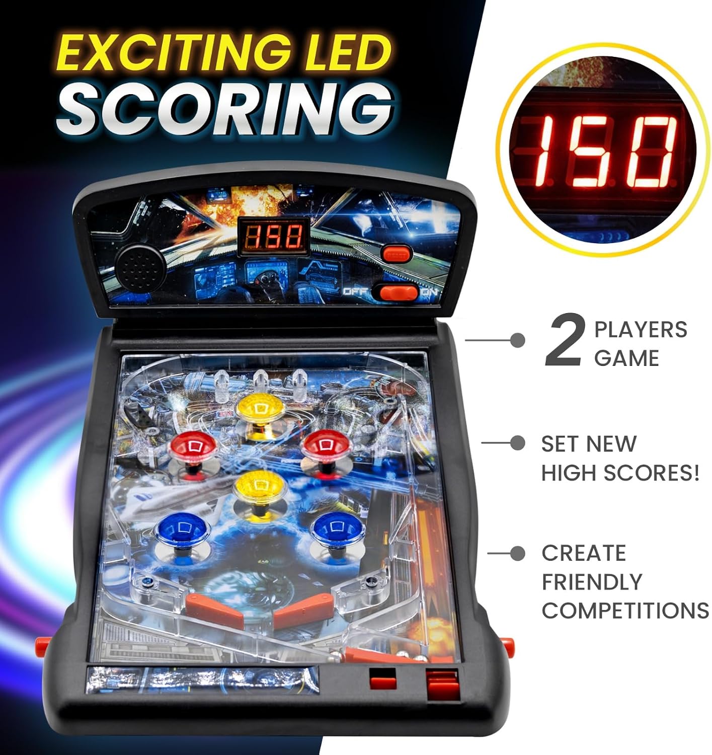New Era Pinball Game Black – Interactive Tabletop or Floor Arcade Pinball Machine for Kids & Adults – LED Scoring, Lights & Sounds