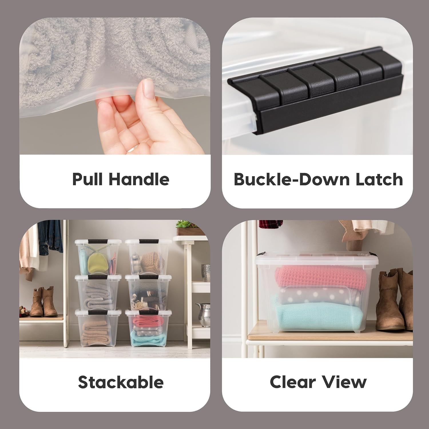 IRIS USA 6-Pack 54 Quart Storage Bins with Lids, Clear | Transparent design makes contents easy to find. Perfect for moving, blankets, clothing, and garage storage. Nestable design