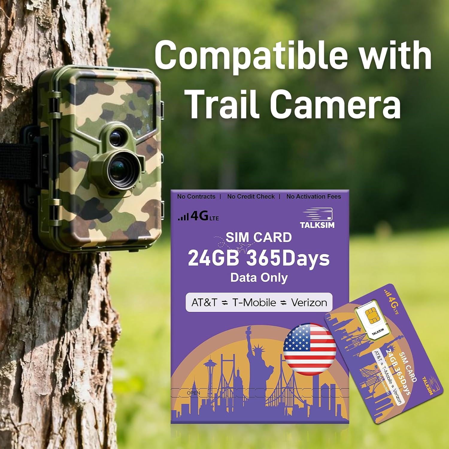 Data SIM Card 24GB 365Days Works with Verizon, AT&T and T-Mobile | 4G LTE USA Data Only, Compatible with Unlocked Security Camera/Router/Mobile WiFi Hotspot/Tablet/Trail Devices
