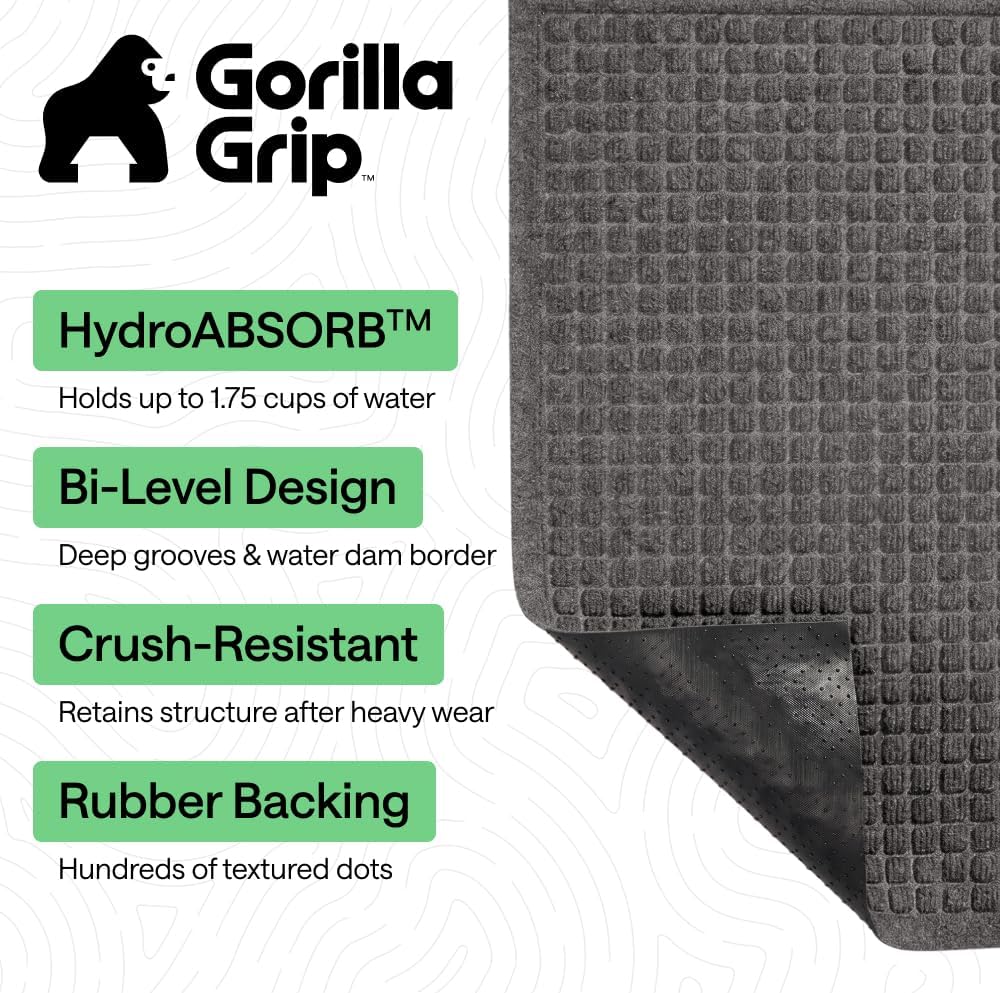 GORILLA GRIP® HydroABSORB Door Mat for Indoor Outdoor Use, 29x17 Black