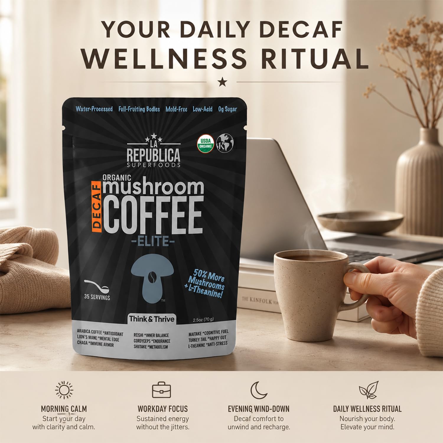 La Republica DECAF Organic Mushroom Coffee (35 Servings) with 7 Superfood Shrooms, Great Tasting Instant Mix Includes Lion's Mane, Reishi, Chaga, Cordyceps, Shiitake, Maitake, and Turkey Tail (Decaffeinated)