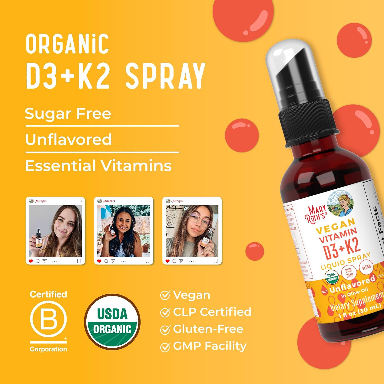 MaryRuth's Organic D3 + K2 Spray for Adults & Kids for Bone Health, 1 Fl Oz | Bone Health, Vitamin D3 as Cholecalciferol, Immunity, Mineral Absorption