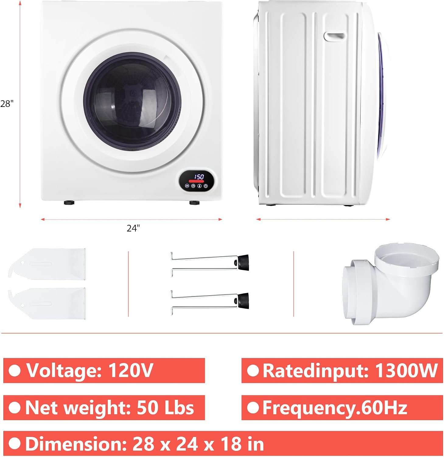 Euhomy Compact Laundry Dryer, 3.5 cu ft Front Load Stainless Steel Clothes Dryers With Exhaust Pipe, 1500W