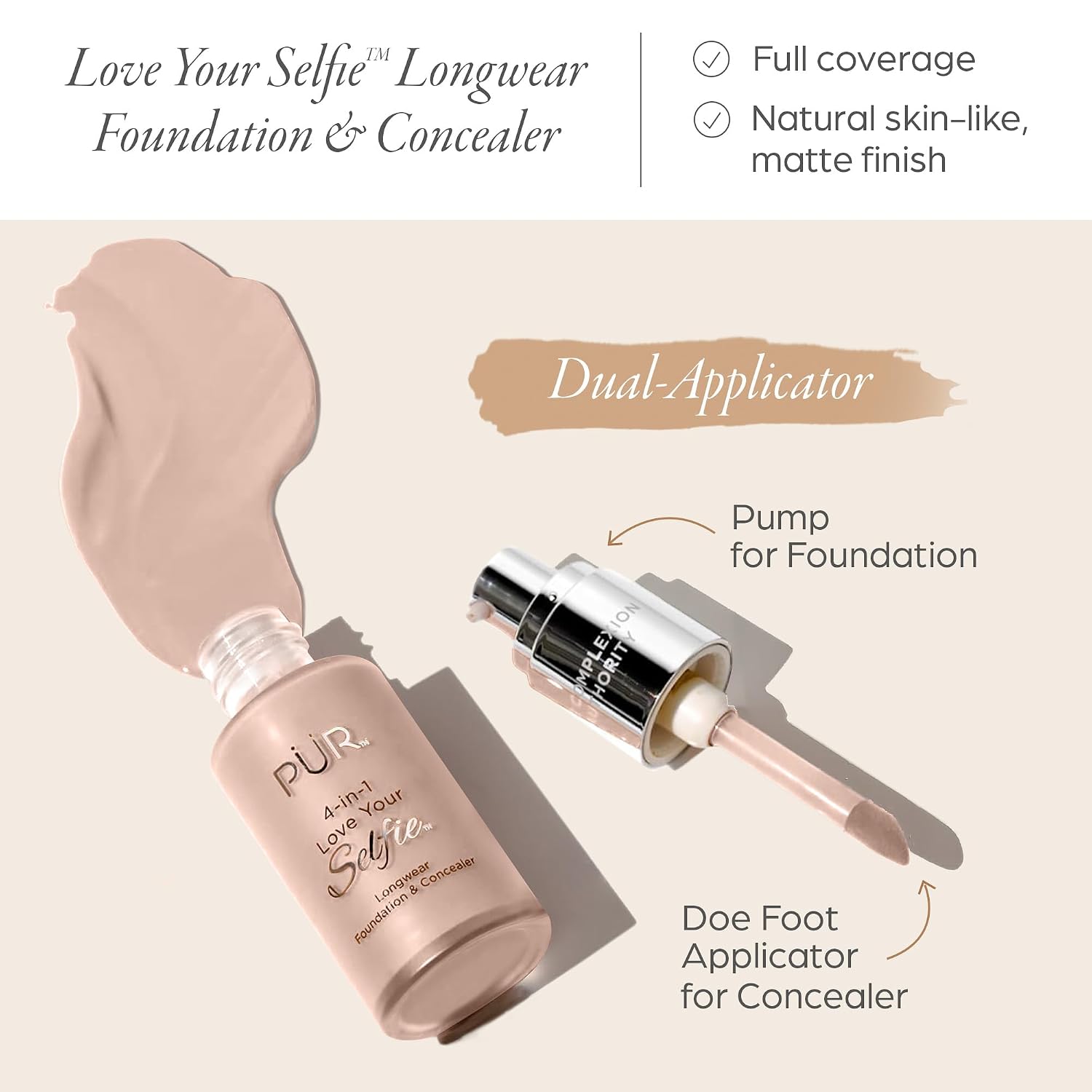 PÜR MINERALS 4-in-1 Love Your Selfie Foundation & Concealer - Longwear Medium-to-Full Coverage Liquid Makeup Foundation with Hydrating Blend for Refined-Looking, Natural Beauty Glow & Skin Texture
