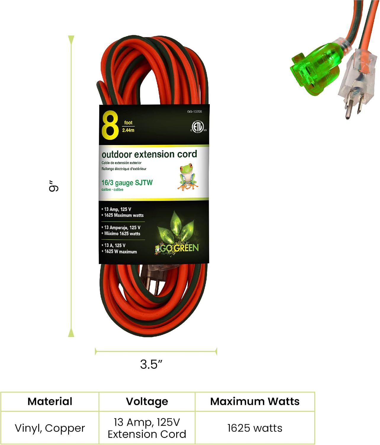 Go Green Power Inc. (GG-14025) 12/3 SJTW Outdoor Extension Cord, Lighted End, 25 ft