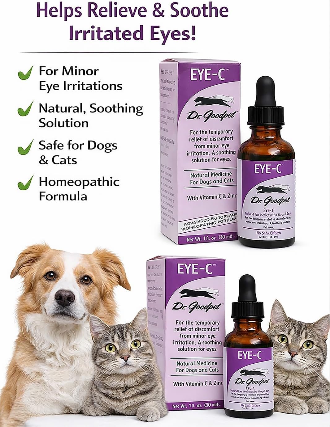Eye-C All-Natural Eye Drops for Dogs, Cats | Human Quality Zinc & Vitamin C | Veterinarian Recommended Eye Care | Soothe, Wash