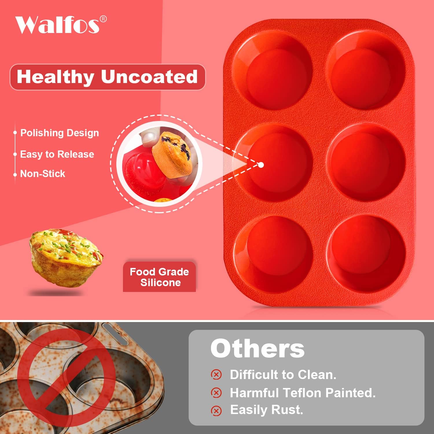 Walfos Silicone Muffin Pan - 6 Cup Non-Stick Silicone Cupcake Pan, Just Release! Food Grade and BPA Free Baking Cups, Perfect for Egg Muffin, Cupcake
