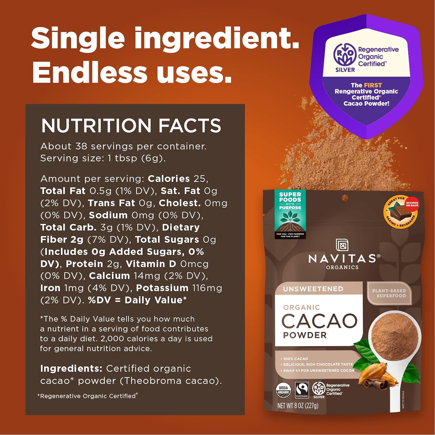 Navitas Organics Cacao Powder - Cocoa Powder Substitute 1:1, For Hot Chocolate, Baking & More - Regenerative Organic Certified, Non GMO, Fairtrade
