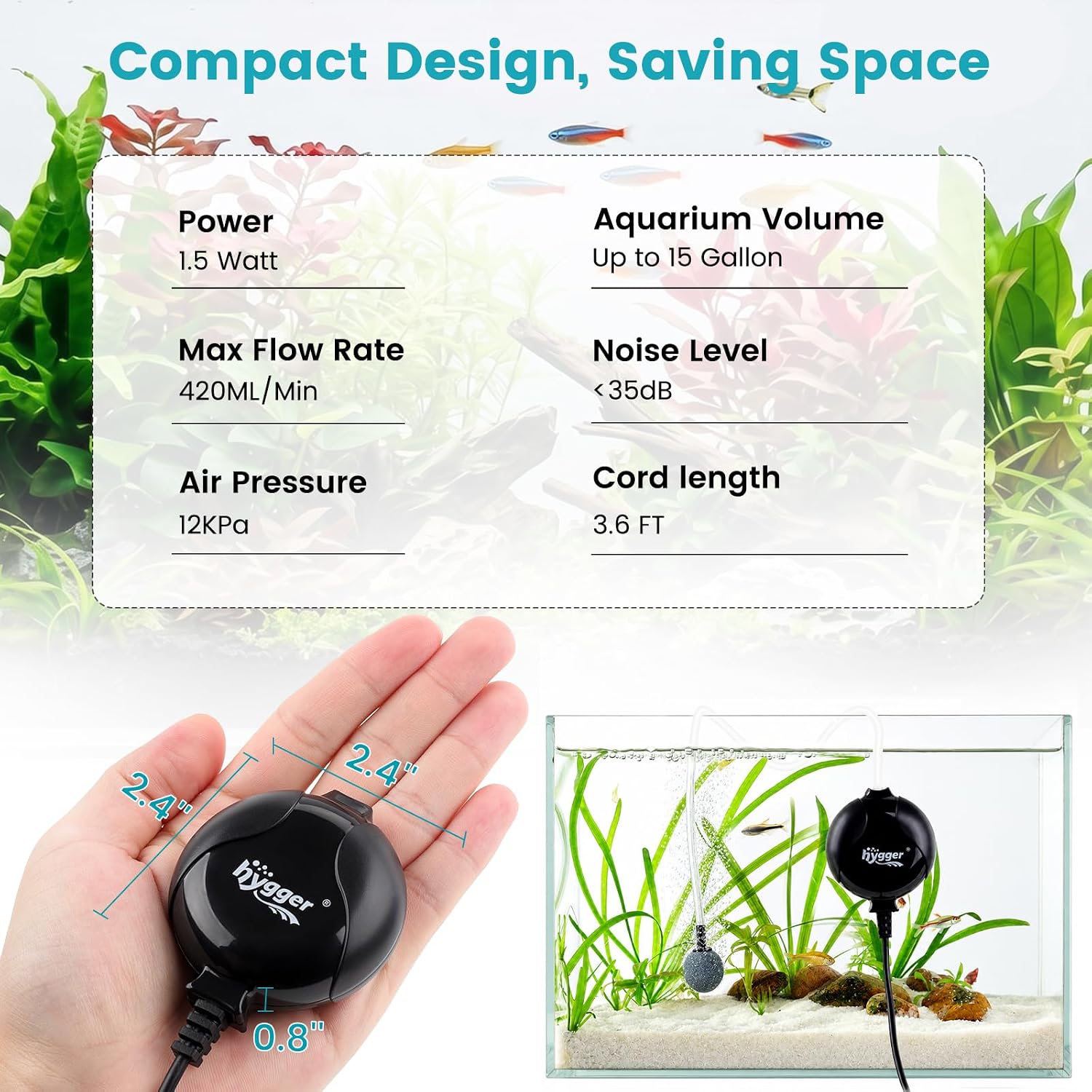 hygger Quiet Aquarium Air Pump 1.5 Watt Energy Saving Mini Oxygen Pump for 1-15 Gallon Fish Tank with Accessories White