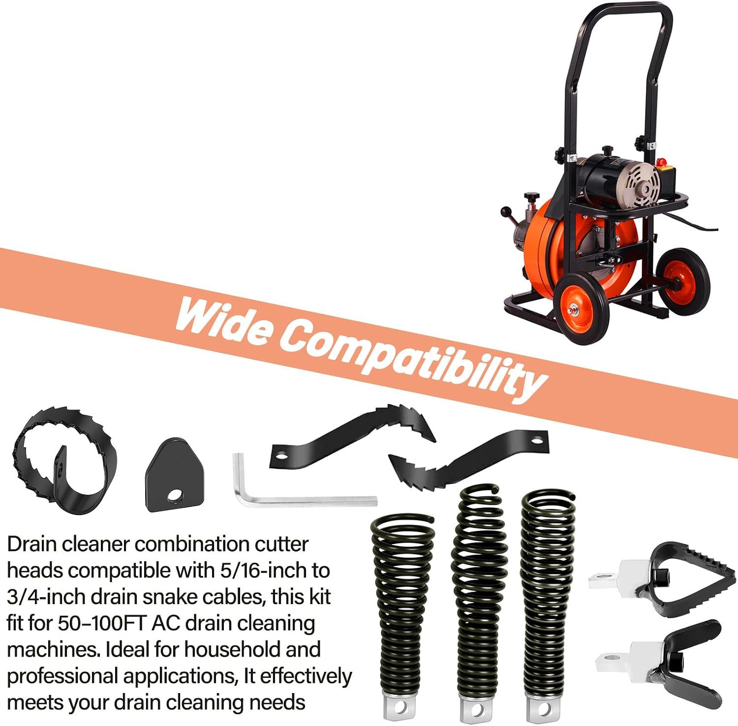 8Pcs Drain Snake Drill Attachment Cutter and Auger Kit Fit for 5/16-inch to 3/4-inch Drain Snake, Used in 50-100FT AC Drain Cleaning Machine