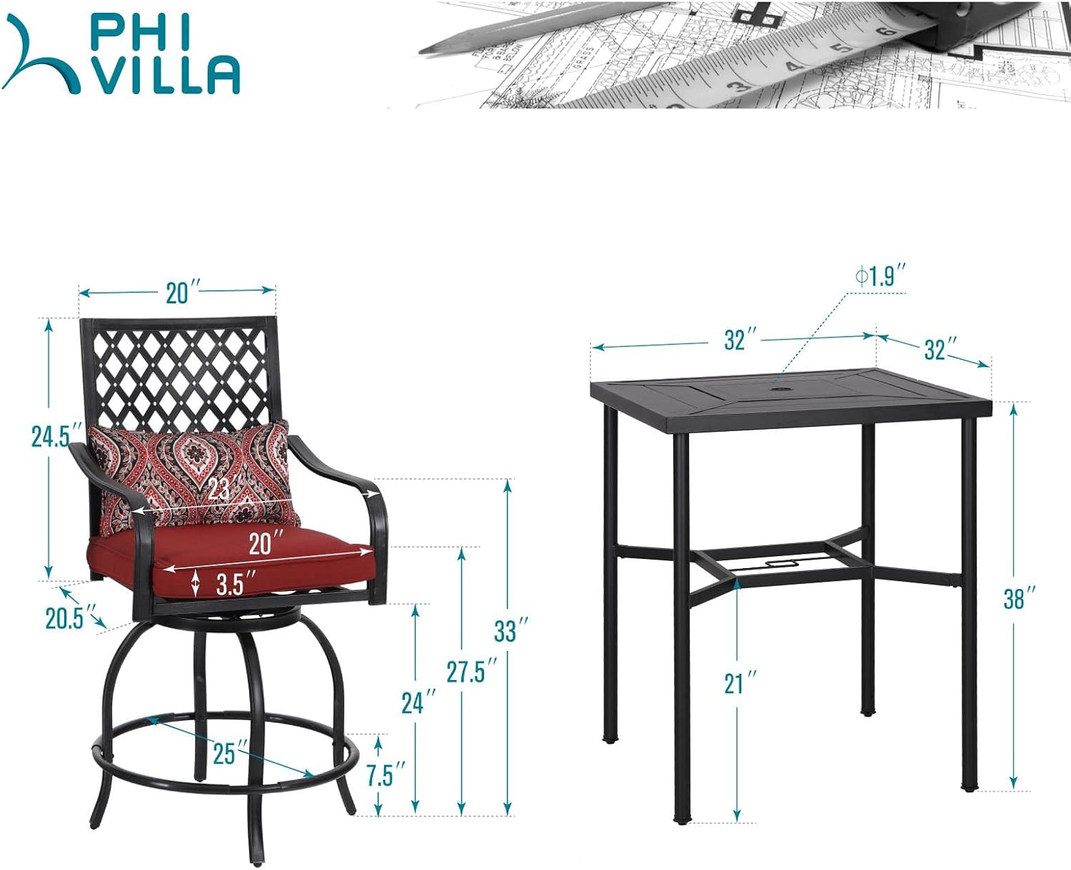 PHI VILLA Outdoor Bar Set 3 PCS Patio Bistro Table & Swivel Stools