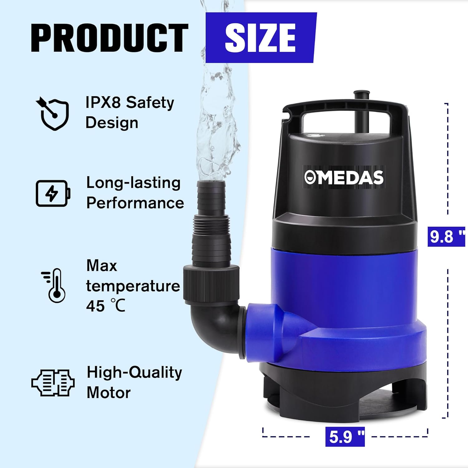 MEDAS 1HP 3434 GPH Sump Pump Submersible Clean/Dirty Water Pump Portable Utility Pump with 16.4ft Cord for Swimming Pool Garden Basement Tub Pond