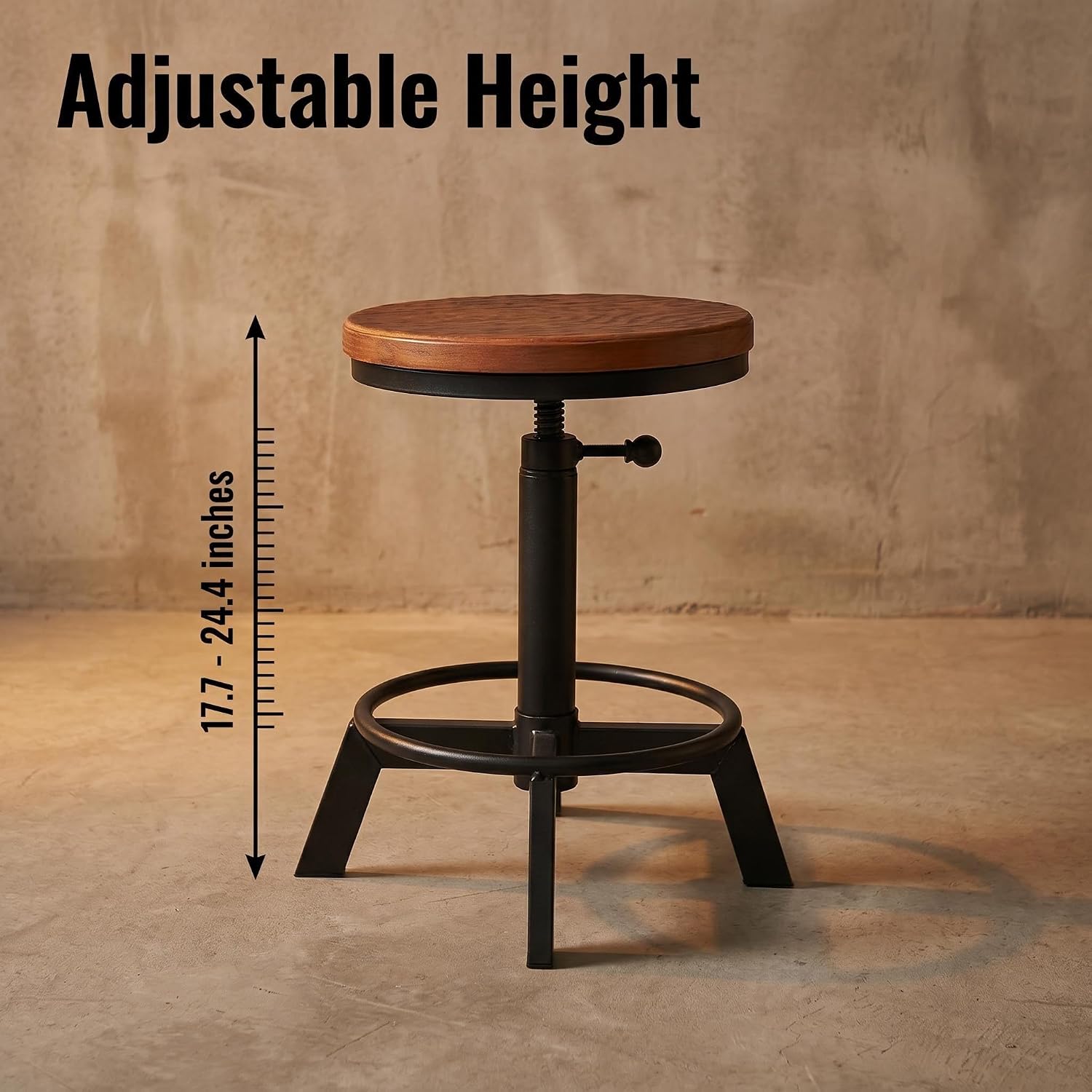 Set of 2 Industrial Bar Stools Short Stool Swivel Wooden Seat Kitchen Island Chairs Counter Height Adjustable 15.2-21inch
