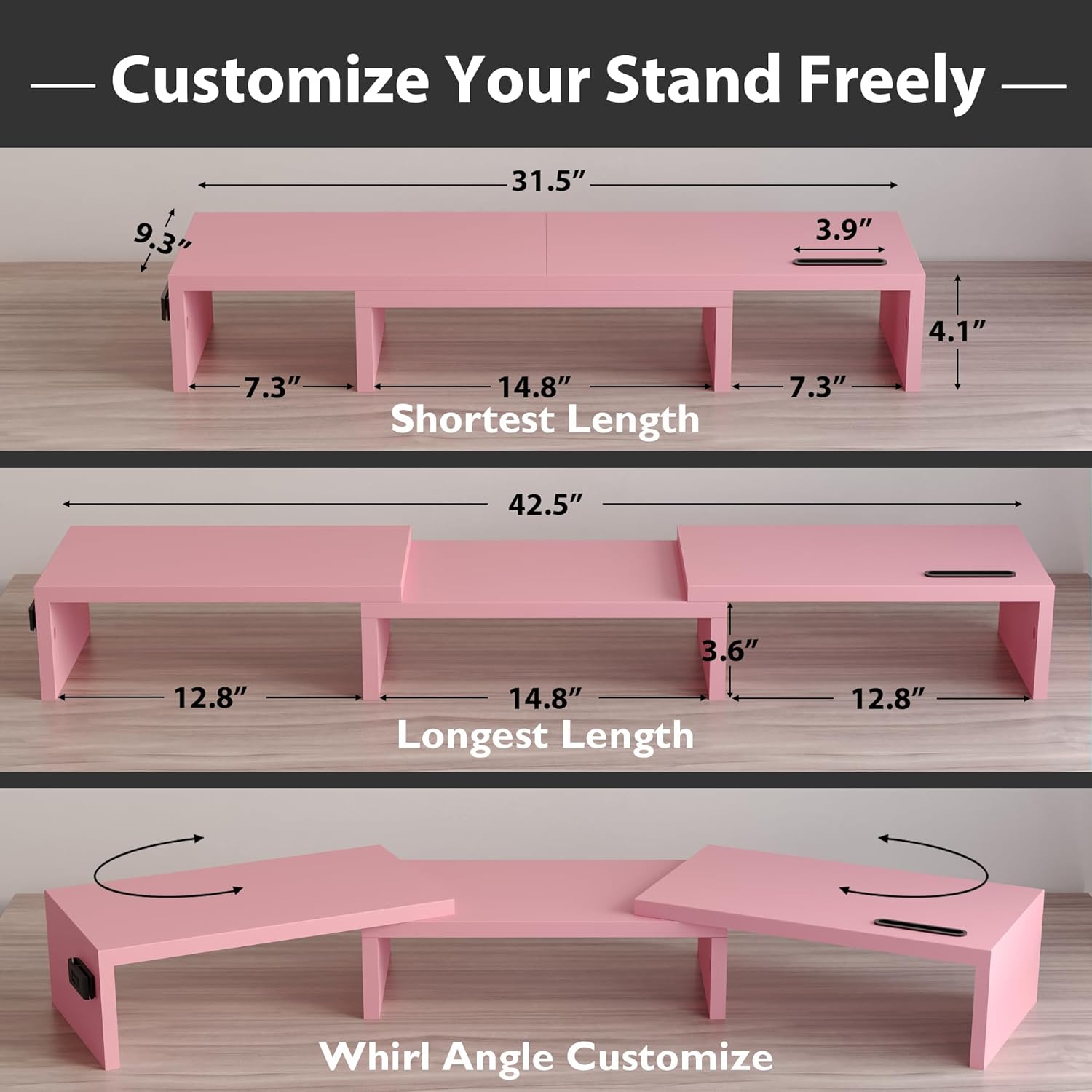 BONTEC Dual Monitor Stand Riser, Adjustable Length & Swivel Angle, Black