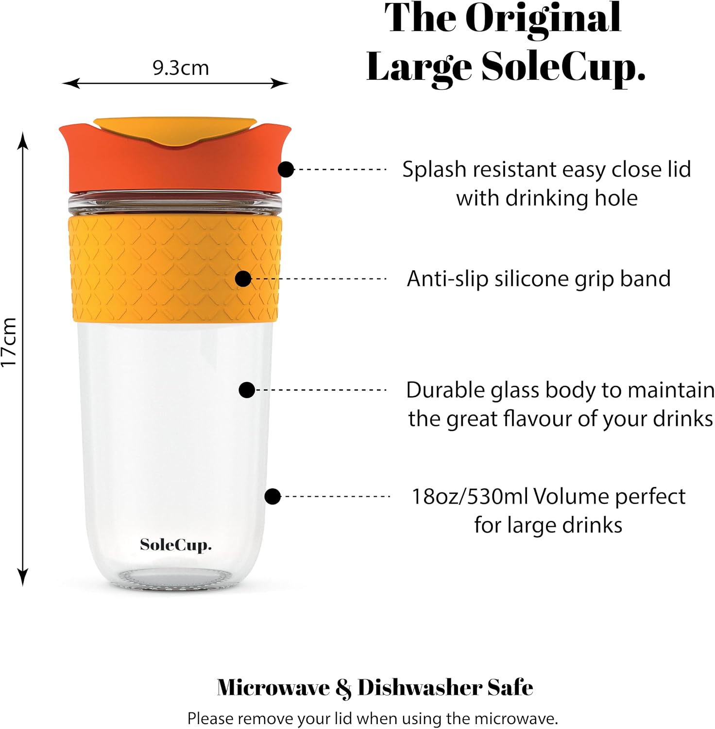 Large Travel Mug - Reusable Glass Coffee Mug - 18oz/530ml BPA-Free Hot Drink Travel Mug with Lid & Silicone Band (Black, 18oz)