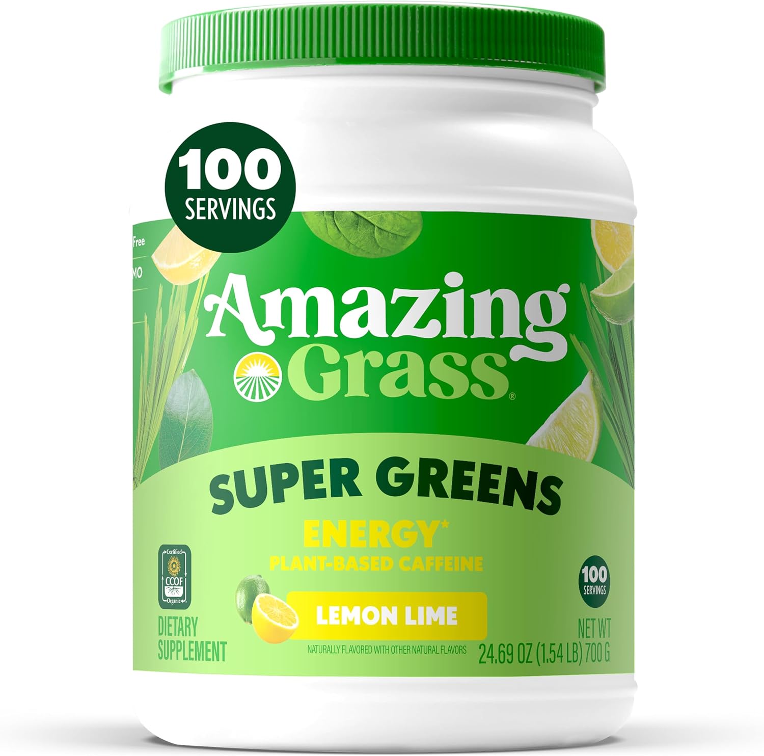 Amazing Grass Super Greens Powder Energy Lemon Lime, 30 Servings | Organic Energy Greens Powder with Plant-Based Caffeine, Yerba Mate & Green Tea Leaf for Sustained Energy & Focus