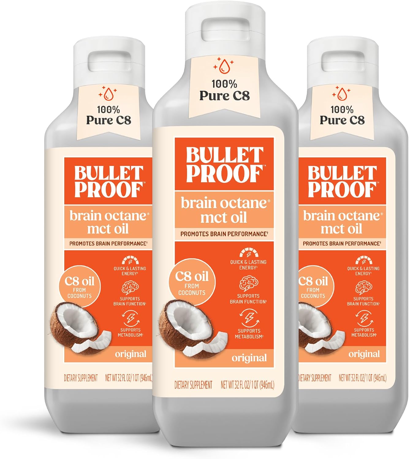 Bulletproof Brain Octane C8 MCT Oil, Non-GMO, 16 oz – 100% C8 from Coconut | 100% Pure Coconut Oil, Triple-Distilled Keto Energy Supplement for Coffee & Smoothies, Unflavored, No Additives, Non-GMO