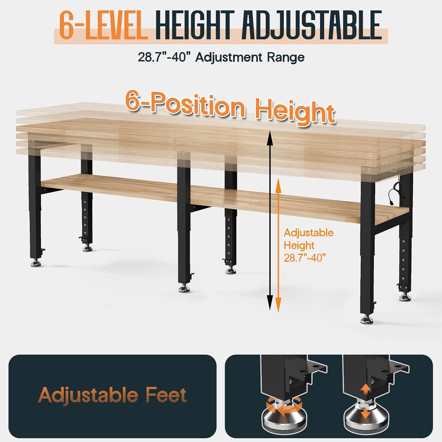 SPECRAFT Adjustable Black Heavy-Duty Workbench | 2000 Lbs Capacity, Rubber Wood Top, 4 AC Outlets and 2 USB Ports, for Garage, Workshop and Office