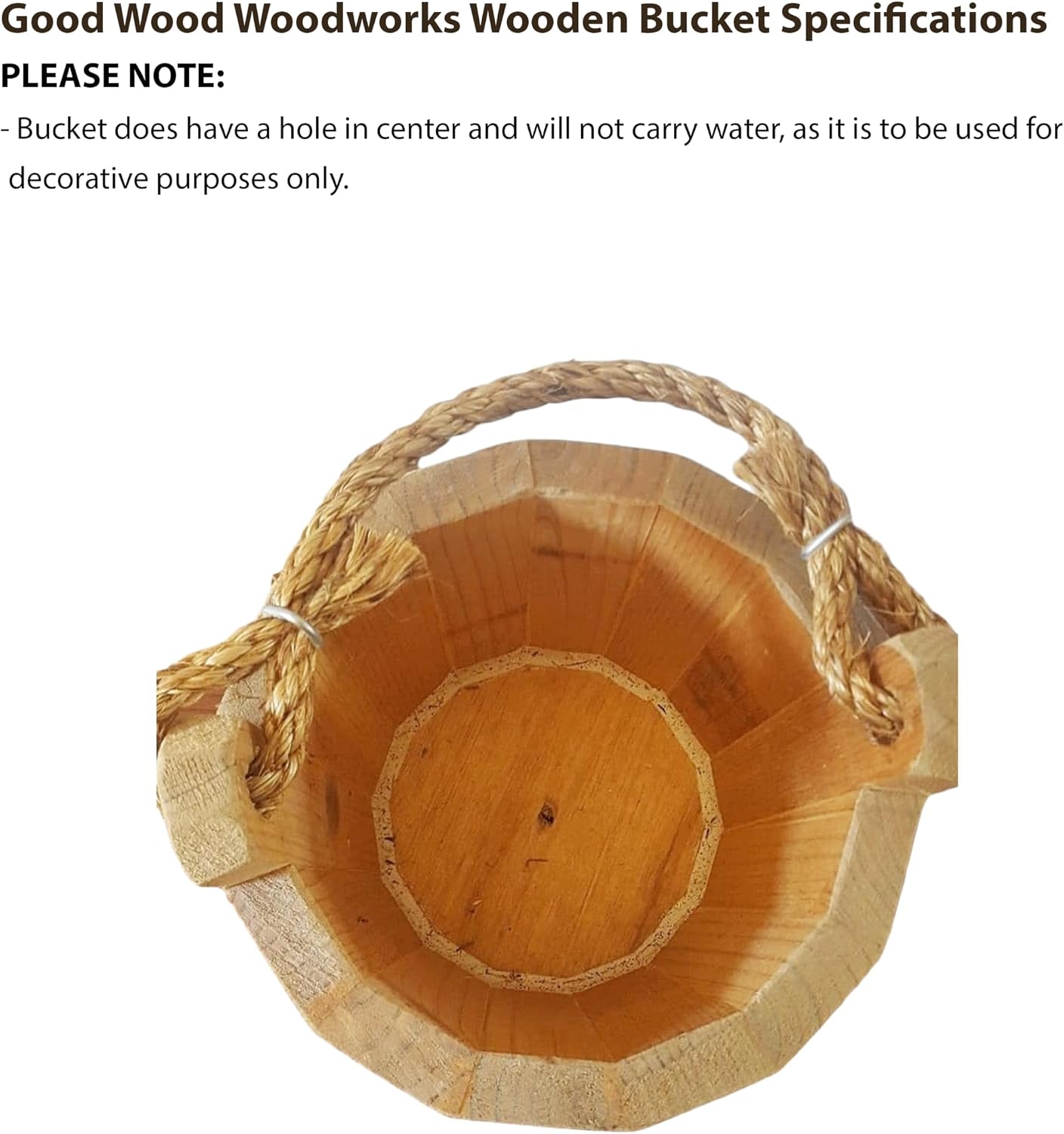 GOOD WOOD - Wooden Bucket 6" x 8" Water Wishing Well Pail with Rope Twine Handle Solid Wood Vintage Style Primitive Planter - Made in the USA
