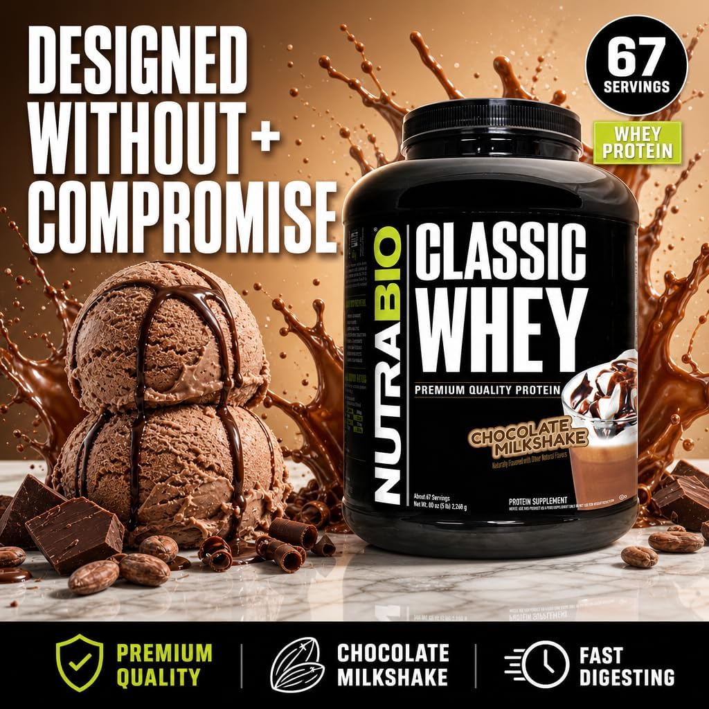 NutraBio Classic Whey Protein Powder- 25G of Protein Per Scoop - No Fillers, Artificial Colors, Preservatives - Chocolate Milkshake, 2 Pounds