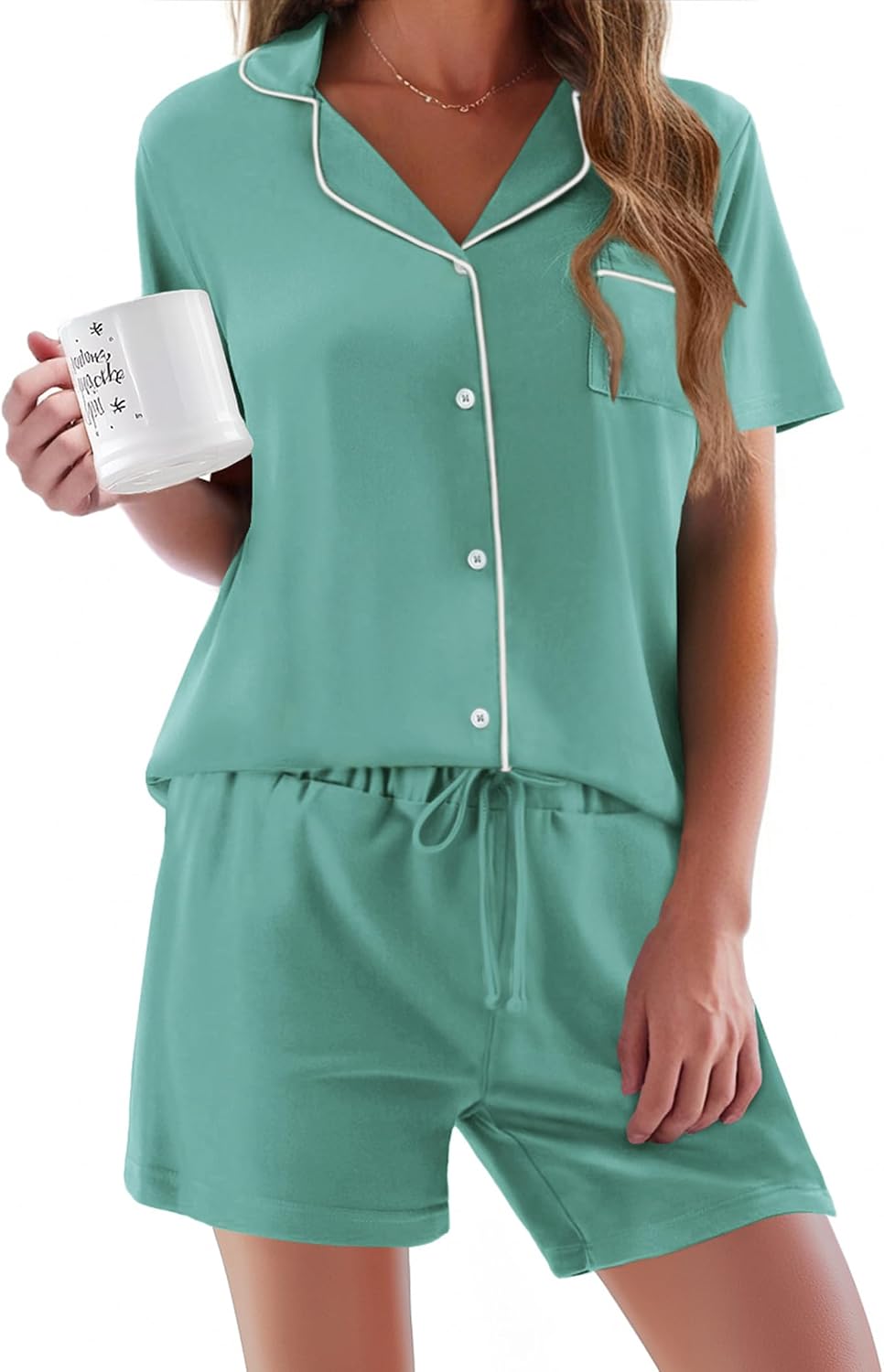 Ekouaer Pajamas Set for Women Short Sleeve Sleepwear Button Down Pj XS-XXXL | Summer 2 Piece Lounge Set, Soft Fabric, Drawstring Waistband, for Bridesmaid Bride Party, Plus Size, Petite, Cute Pattern