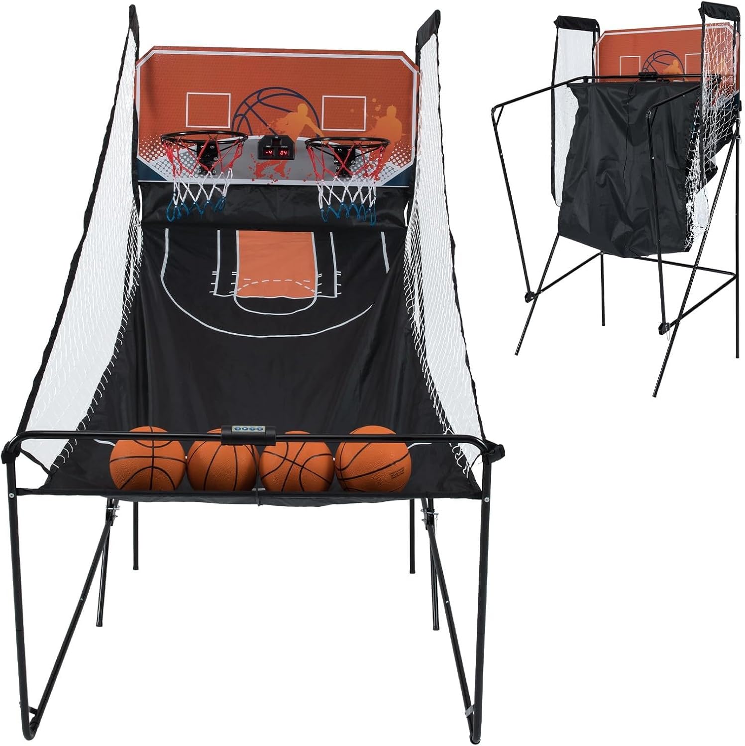 GYMAX Arcade Basketball Game Indoor Foldable with 8 Game Modes, Arcade Sound, 4 Balls and Inflation Pump, Electronic Basketball Games for All Ages Home