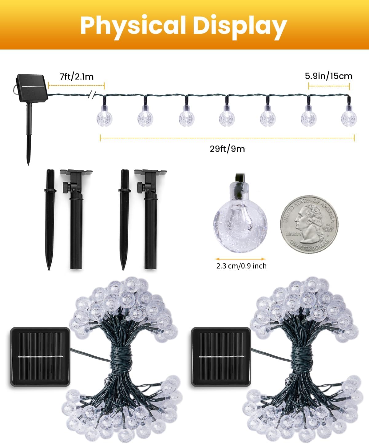 Brightown Solar String Lights Outdoor 60 Led 35.6 Feet Crystal Globe Lights with 8 Lighting Modes