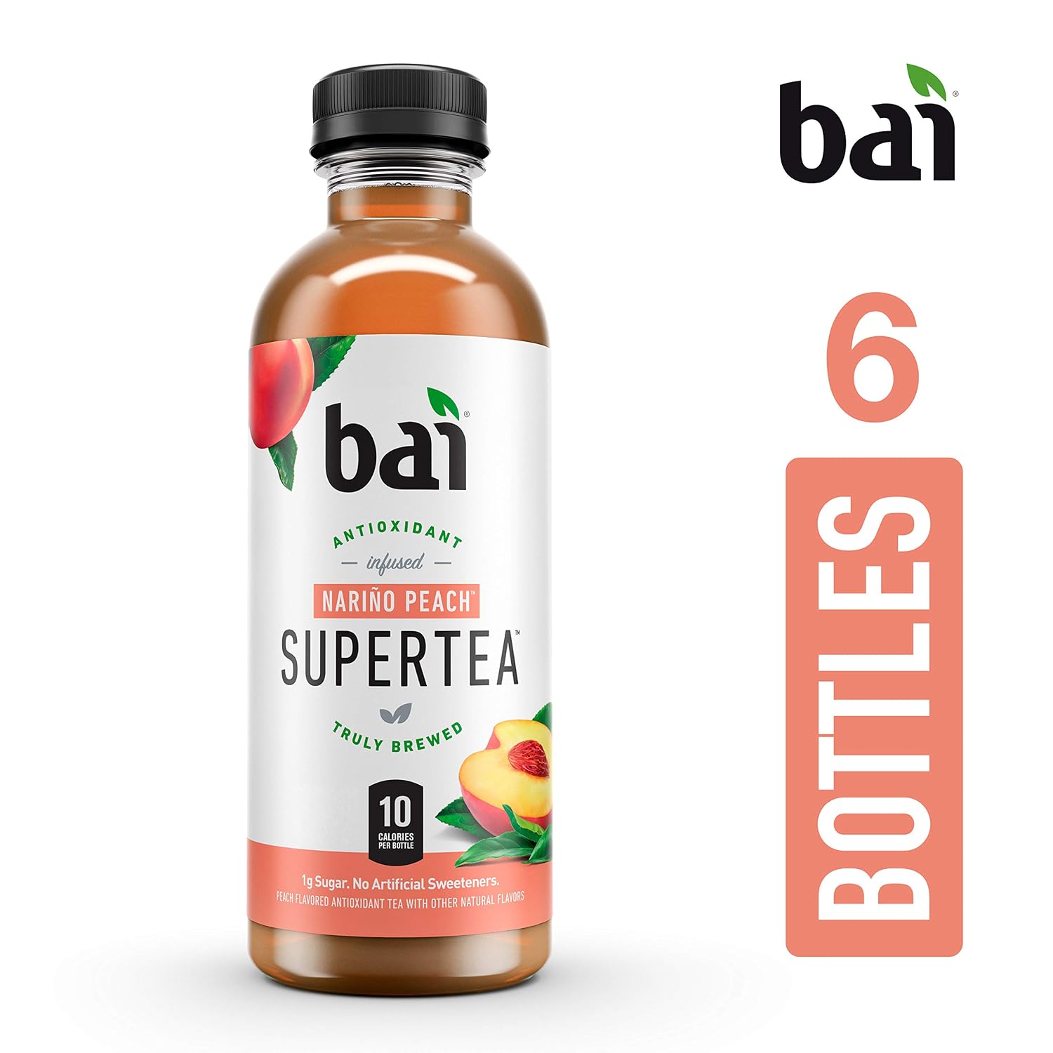 Bai Iced Tea, Narino Peach, Antioxidant Infused Supertea, Crafted with Real Tea (Black Tea, White Tea), 18 Fluid Ounce Bottles, 12 count