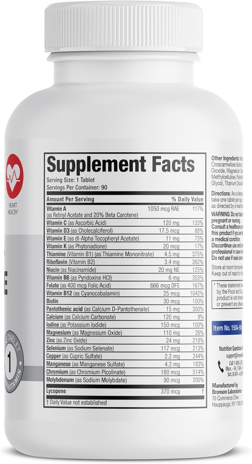 Bronson ONE Daily Mens 50+ Complete Multivitamin Multimineral, 180 Tablets | Once-Daily, Targeted Nutrition For Active Men Over 50, Non-GMO, Gluten-Free, Soy-Free