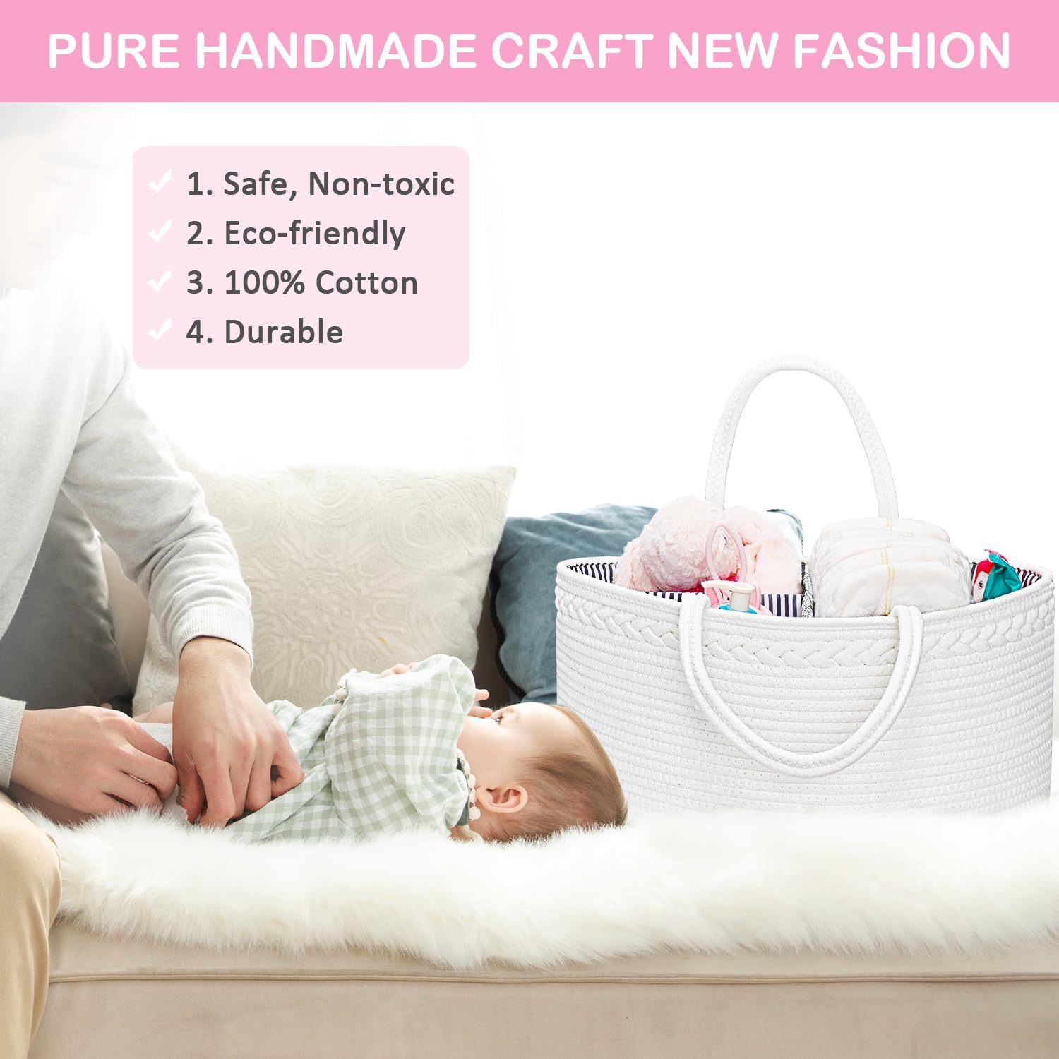 ABenkle Baby Diaper Caddy, Nursery Storage Bin and Car Organizer for Diapers and Baby Wipes, Cotton Rope Diaper Basket Caddy