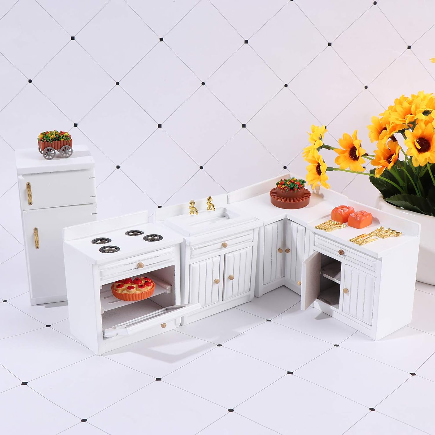 1:12 Scale Dollhouse Kitchen Furniture Set, 5 Piece Wooden Miniature Kitchen Accessories with Cabinet, Fridge, Sink, Corner Cabinet