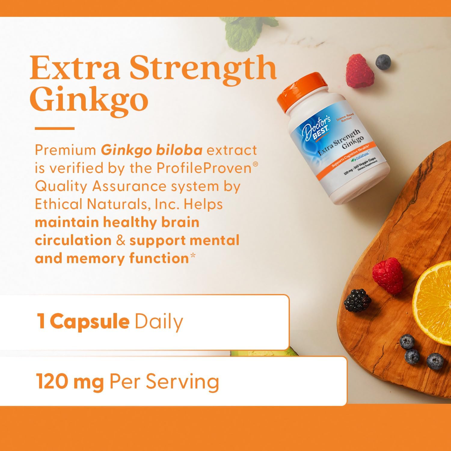 Doctor's Best Extra Strength Ginkgo Biloba Capsules 120 mg - Brain Supplement for Memory and Focus Support, Herbal Cognitive Health Support- 120 Count (Pack of 1)