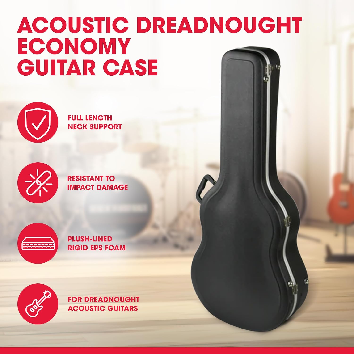SKB Hardshell Travel Case for Dreadnought Acoustic Guitars, Molded In Bumpers for Protection, Plush Lined Interior and Latches