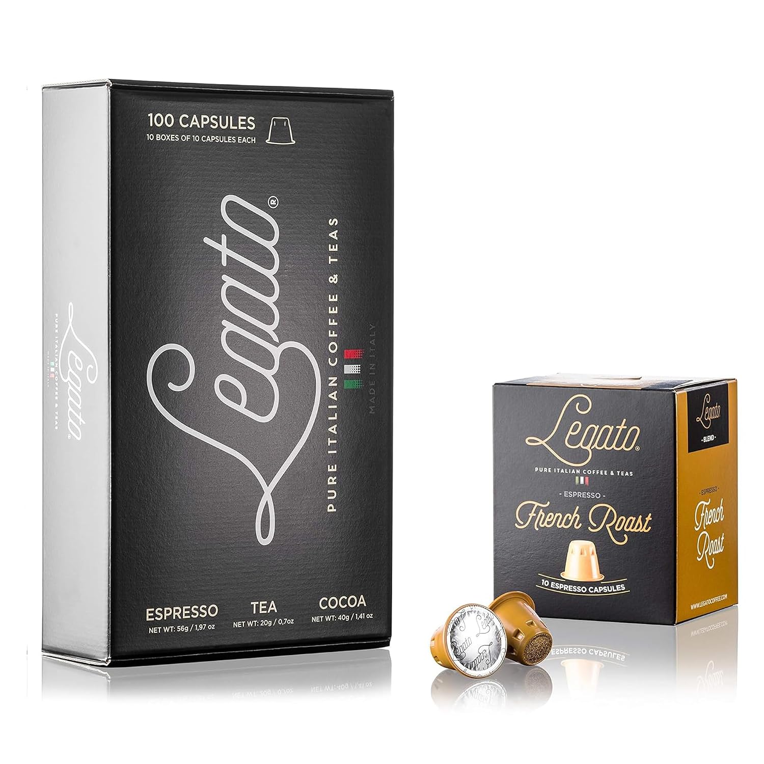 Legato Espresso Capsules - 10/100 count - Single-Serve Coffee Pods - Compatible with Nespresso OriginalLine Machine - Cafe-style Coffee at Home (100, Hazelnut Strength 5)
