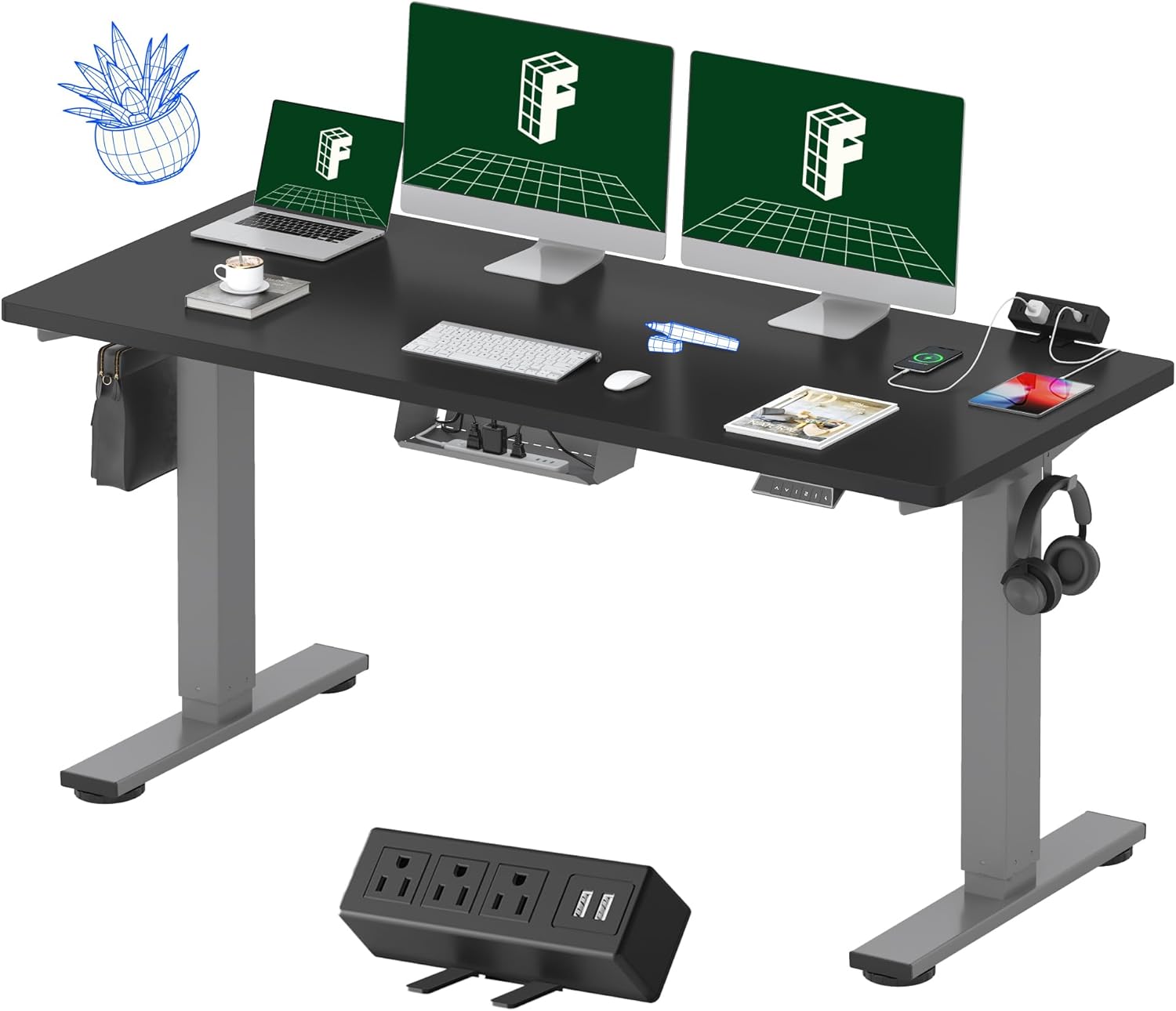 FLEXISPOT EN2 48"x24" Standing Desk with Power Strip Bundle, Black